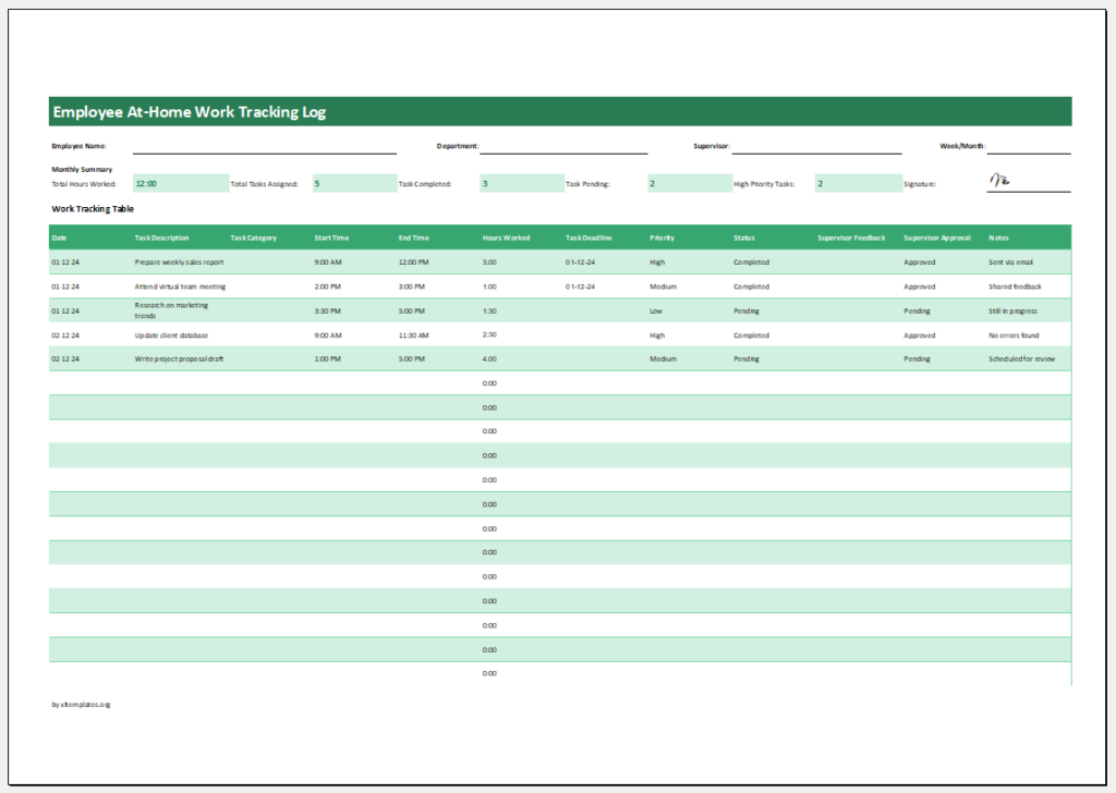 Employee At-Home Work Tracking Log