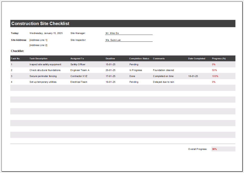 Construction Site Checklist Template