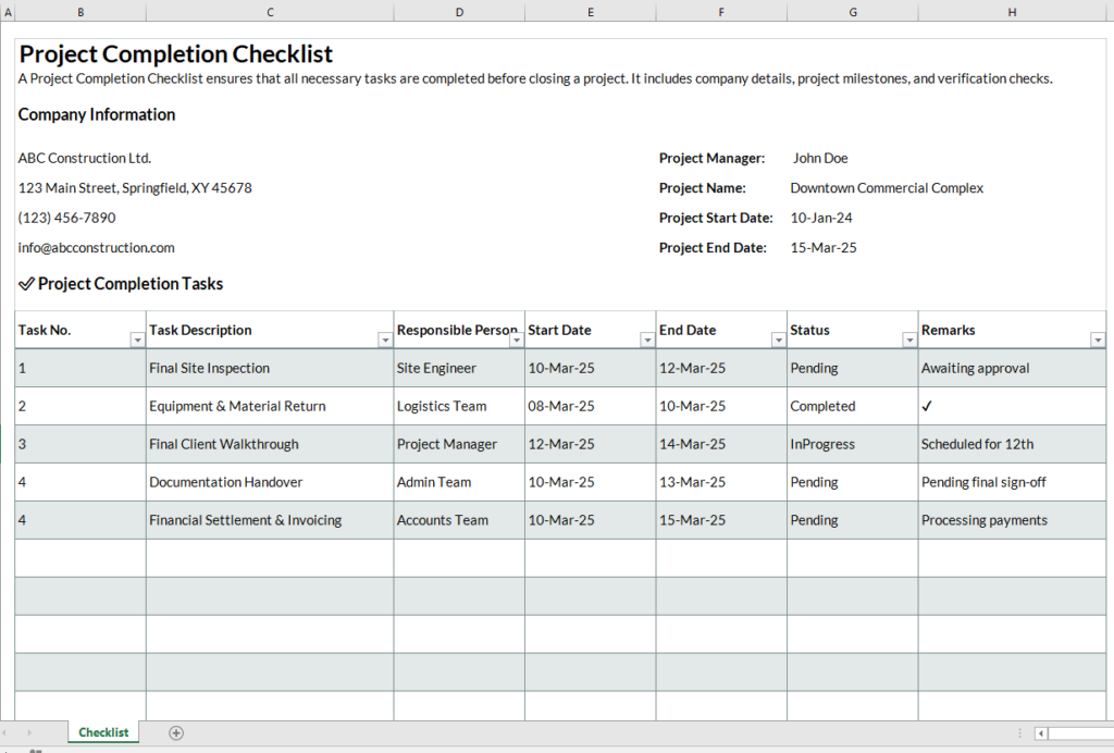 Project Completion Checklist Template for Excel