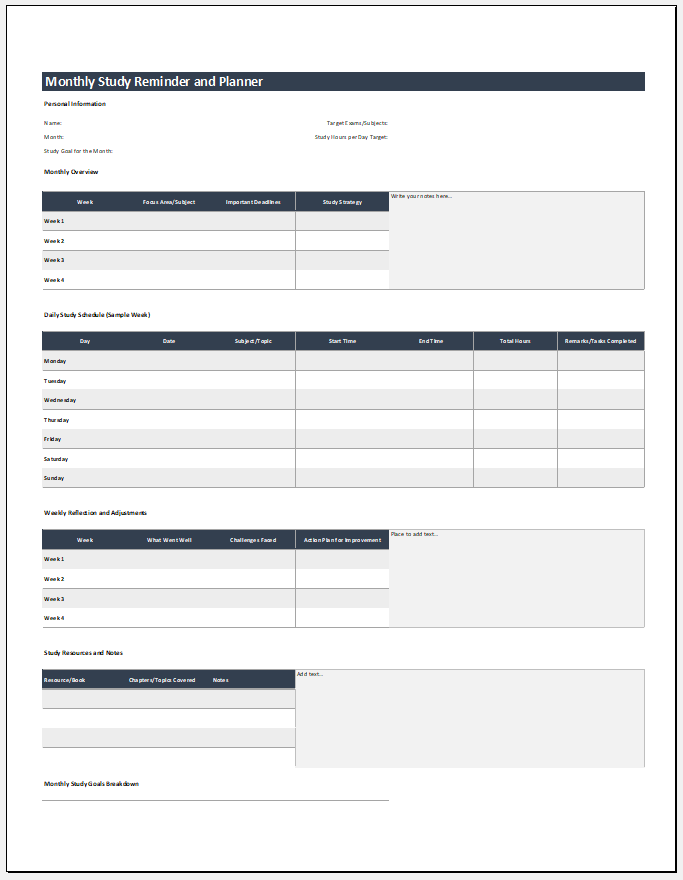 Monthly Study Reminder & Planner