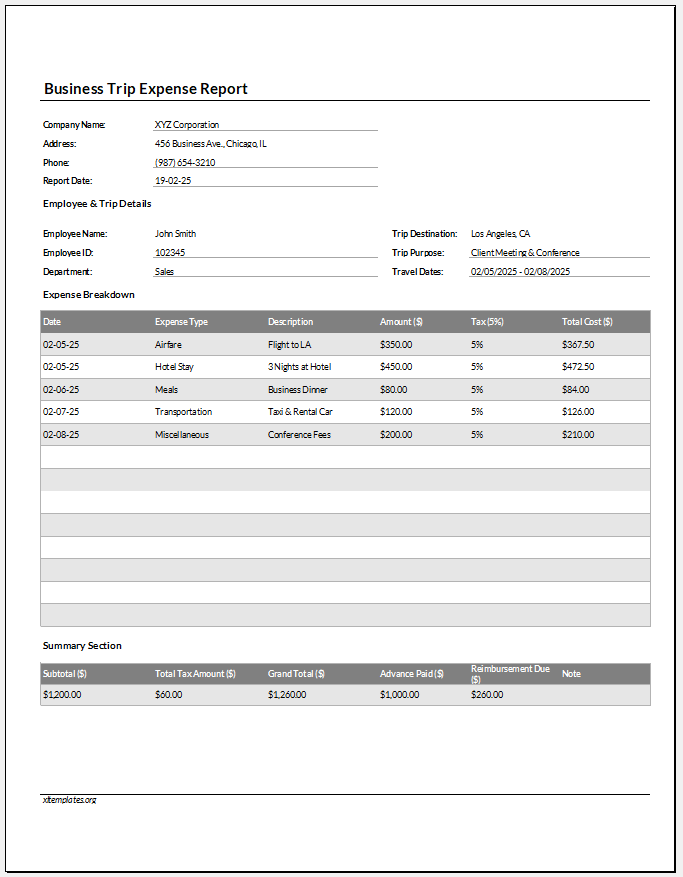 Business Trip Expense Report Template for Excel