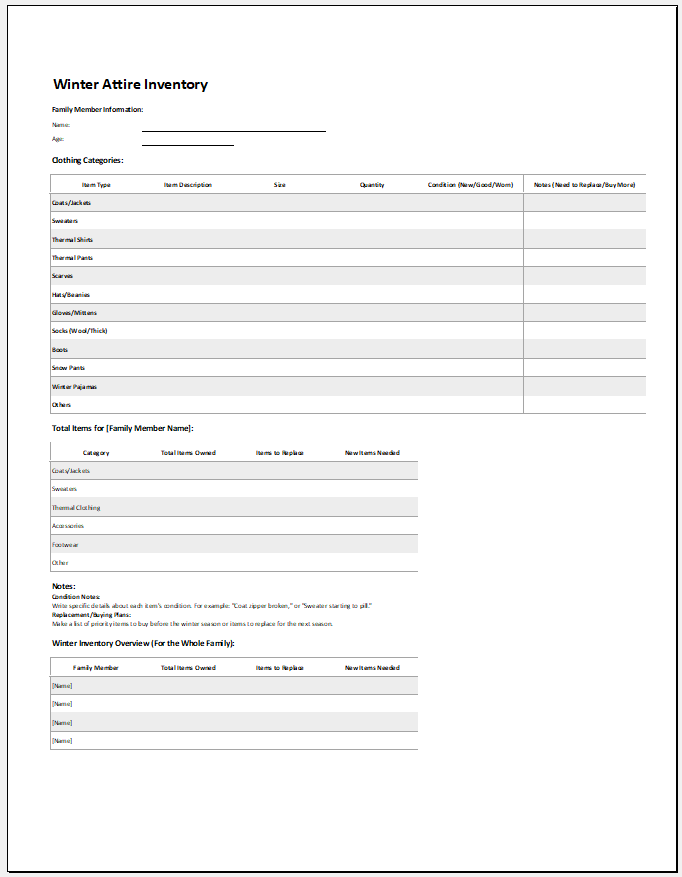 Winter Attire Inventory Template