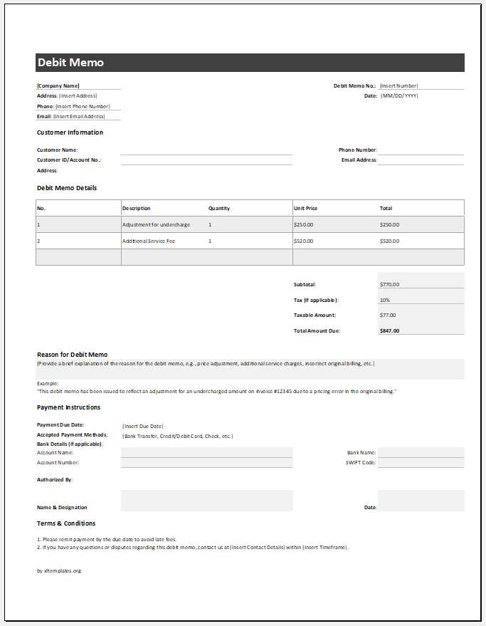 Debit Memo Template